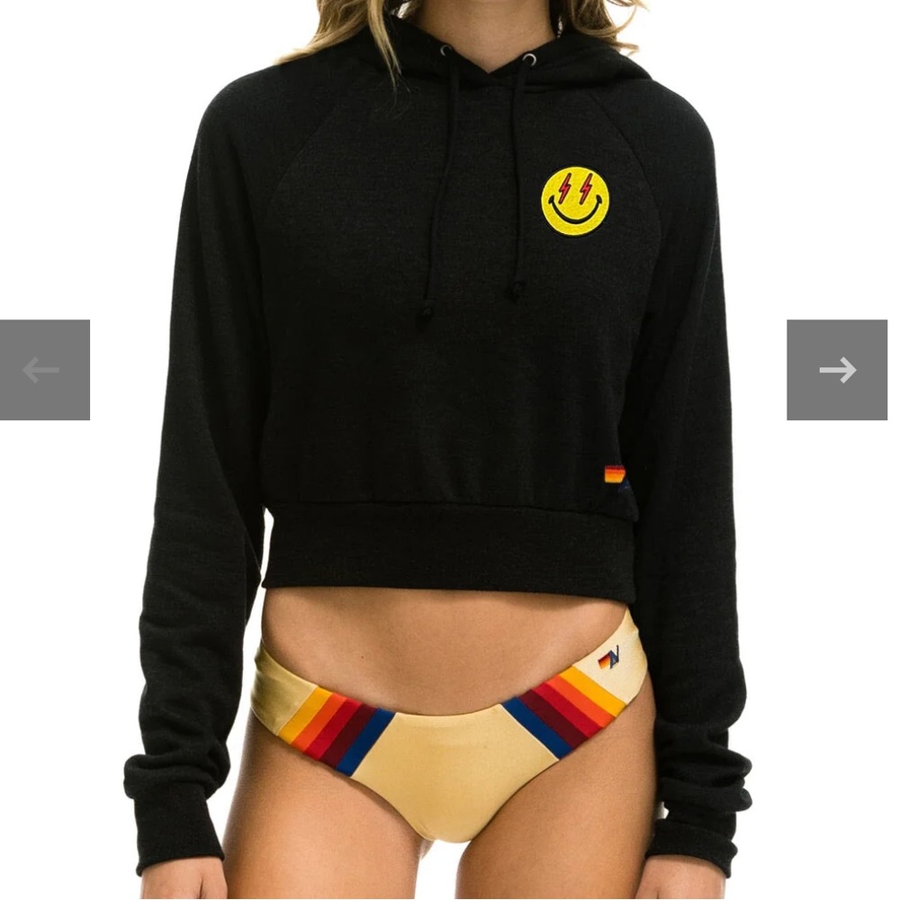 NWT Aviator Nation Black Smiley Bolt Eyes Cropped Hoodie L